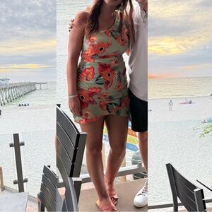 Milk & Honey - Floral One-Shoulder Two-Piece Set - Olive with Orange Floral